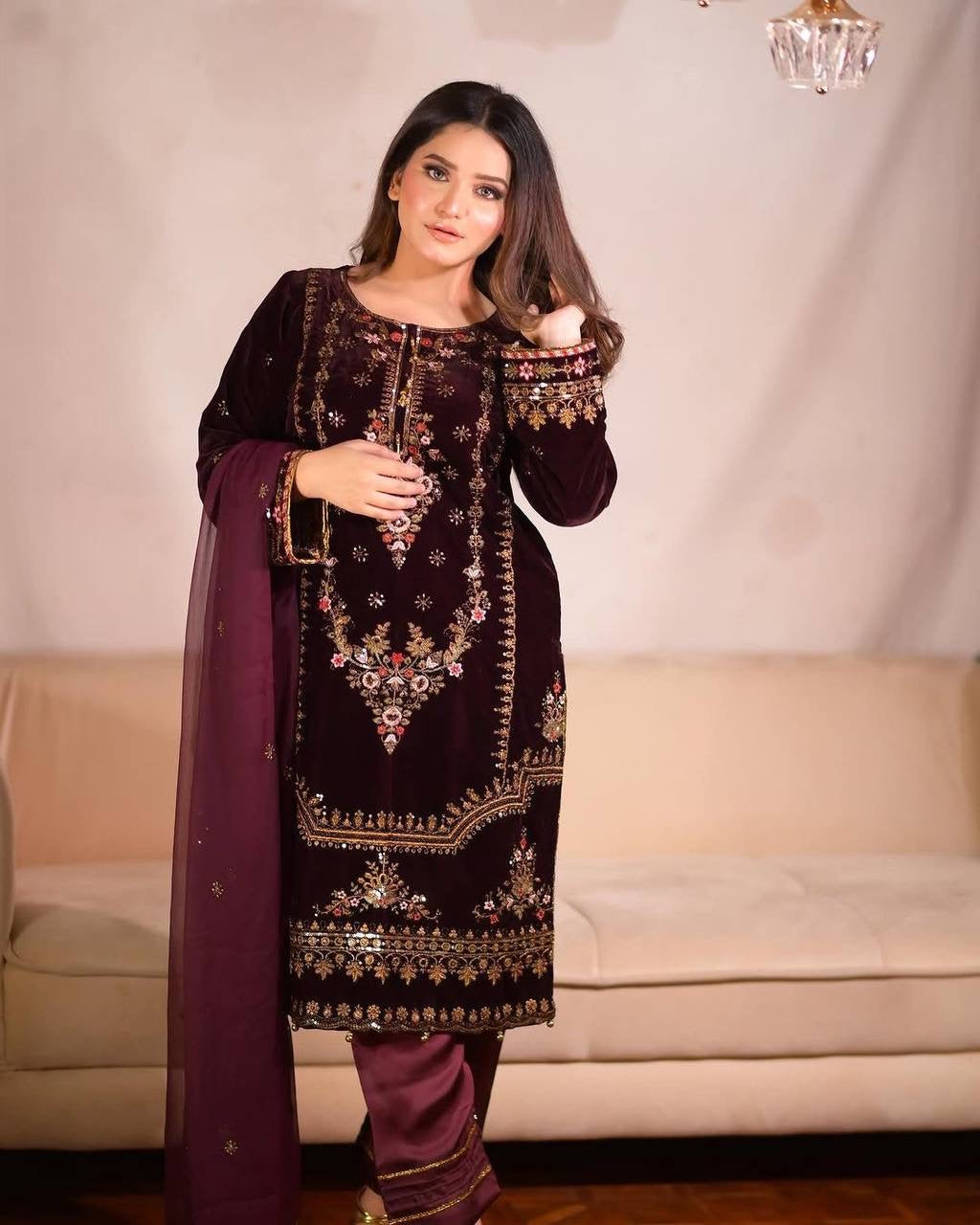 ROSHLY - WINE VELVET SUIT WITH EMBROIDERY WORK - SET OF 3