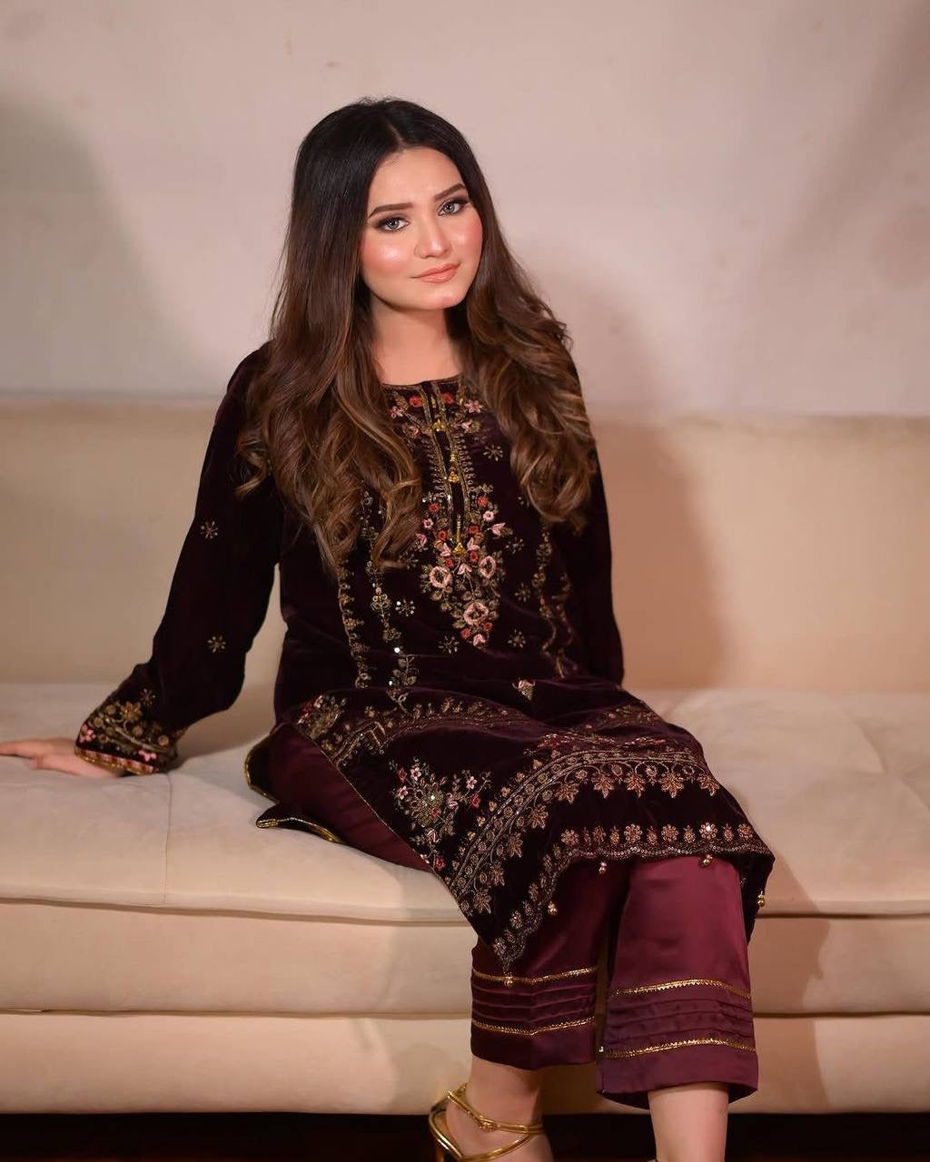 ROSHLY - WINE VELVET SUIT WITH EMBROIDERY WORK - SET OF 3