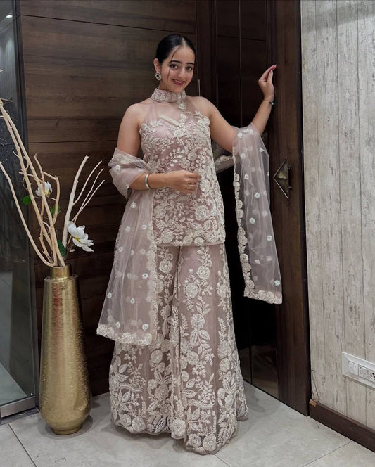 HULTER NECK KURTA AND PLAZZO SET WITH  DUPATTA
