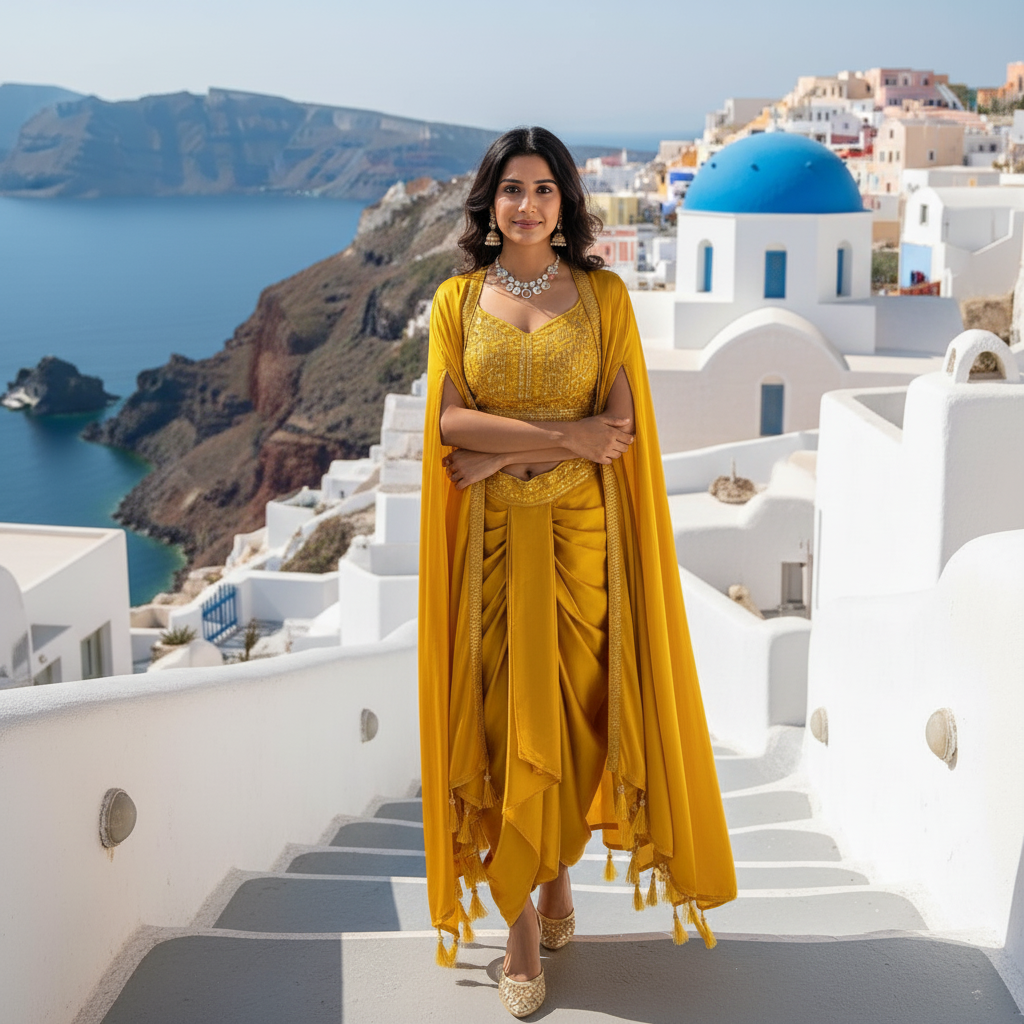 Woman in a yellow traditional outfit standing in front of iconic Greek architecture with blue domes and white buildings.

