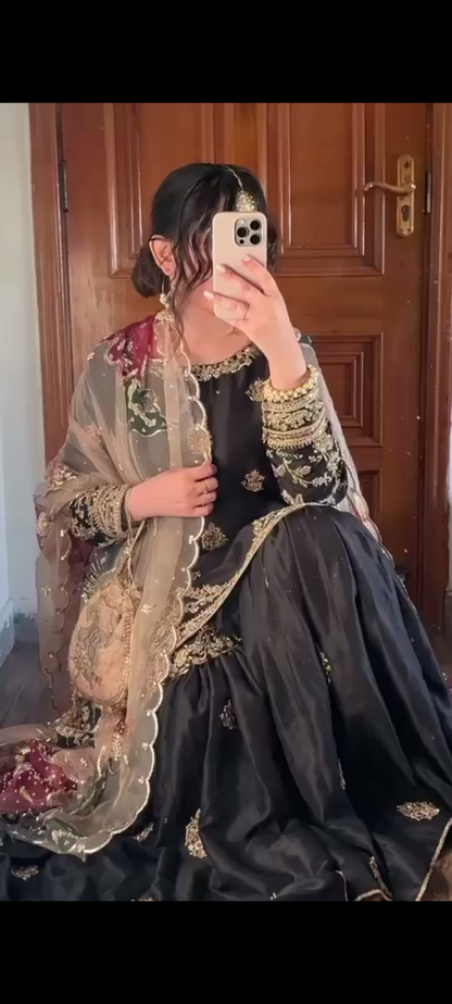 BLACK - SILK SHARARA KURTA SET