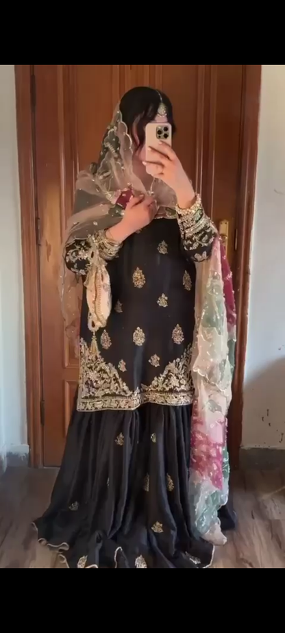BLACK - SILK SHARARA KURTA SET