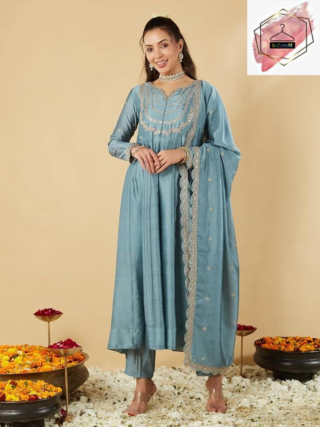 VICHITRA SILK KURTI SET WITH EMBROIDARY WORK - SET OF 3 - BLUE