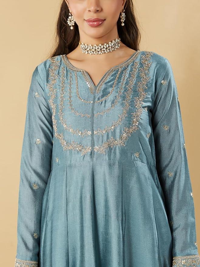 VICHITRA SILK KURTI SET WITH EMBROIDARY WORK - SET OF 3 - BLUE