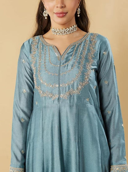 VICHITRA SILK KURTI SET WITH EMBROIDARY WORK - SET OF 3 - BLUE