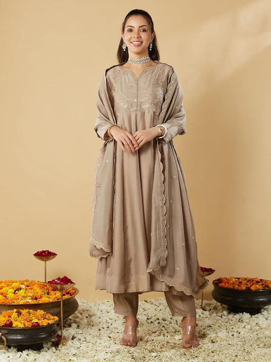 VICHITRA SILK KURTI SET WITH EMBROIDARY WORK - SET OF 3 - CREAM