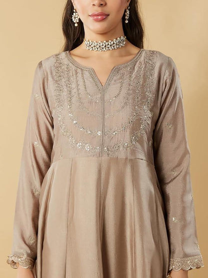 VICHITRA SILK KURTI SET WITH EMBROIDARY WORK - SET OF 3 - CREAM