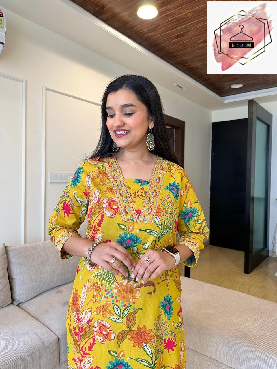 DAFFODIL COTTON V- NECK KURTI SET - YELLOW