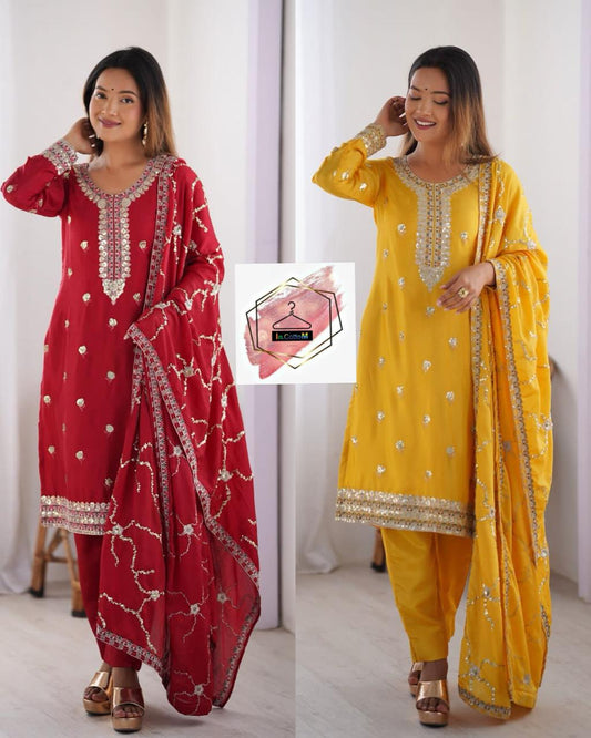 SCARLET AND AMBER CHINON SUIT SET WITH EMBROIDERY SEQUENCE - YELLOW