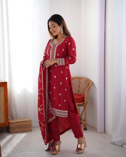 SCARLET AND AMBER CHINON SUIT SET WITH EMBROIDERY SEQUENCE - RED