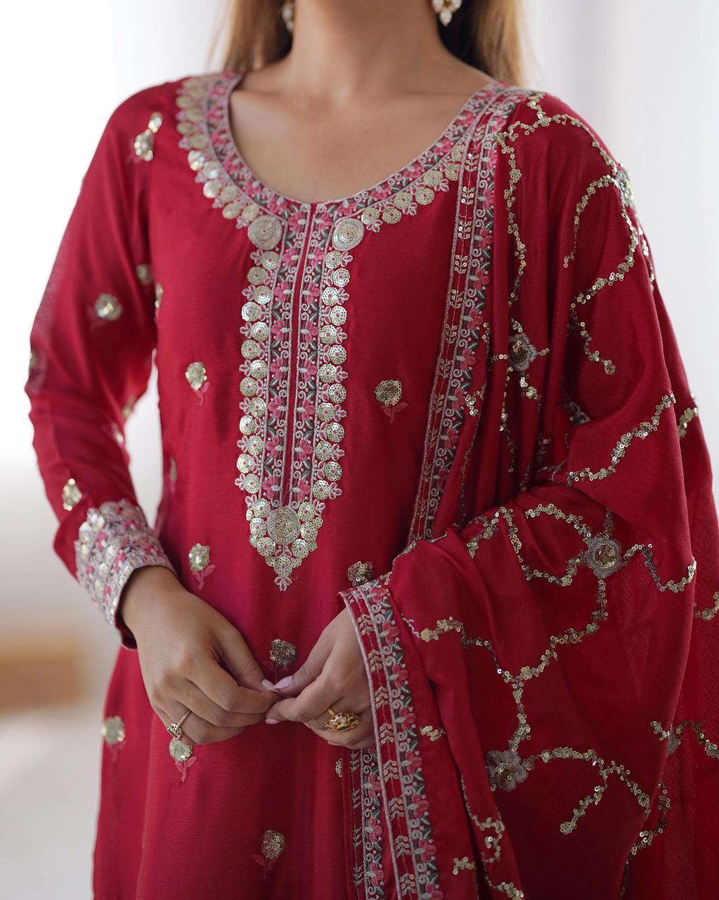SCARLET AND AMBER CHINON SUIT SET WITH EMBROIDERY SEQUENCE - RED