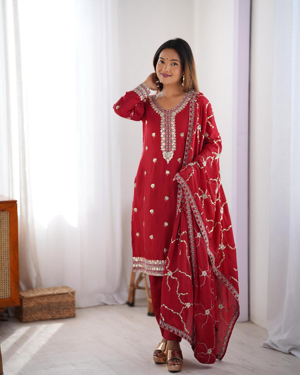 SCARLET AND AMBER CHINON SUIT SET WITH EMBROIDERY SEQUENCE - RED