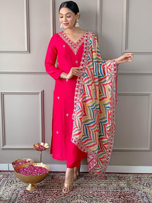ETHNIC VISCOSE RAYON WITH SEQUENCE CODING EMBROIDERY WORK - PINK