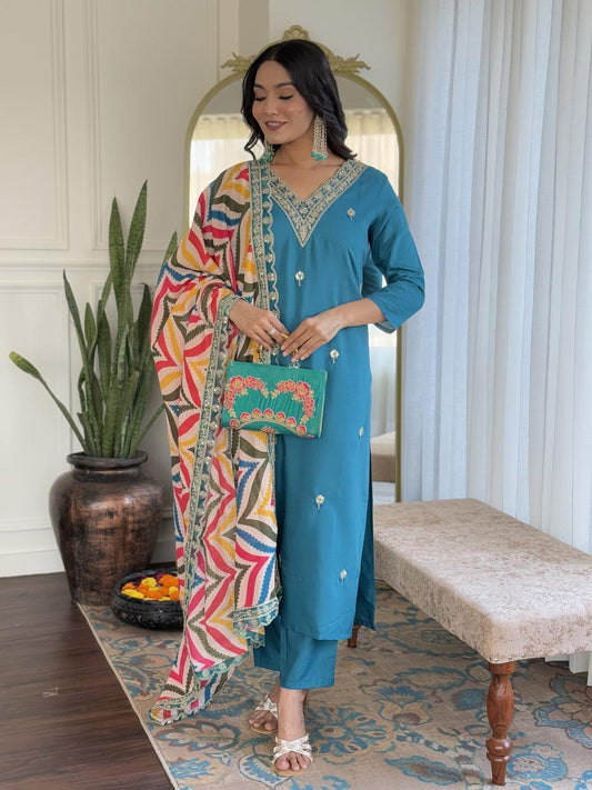 ETHNIC VISCOSE RAYON WITH SEQUENCE CODING EMBROIDERY WORK - BLUE