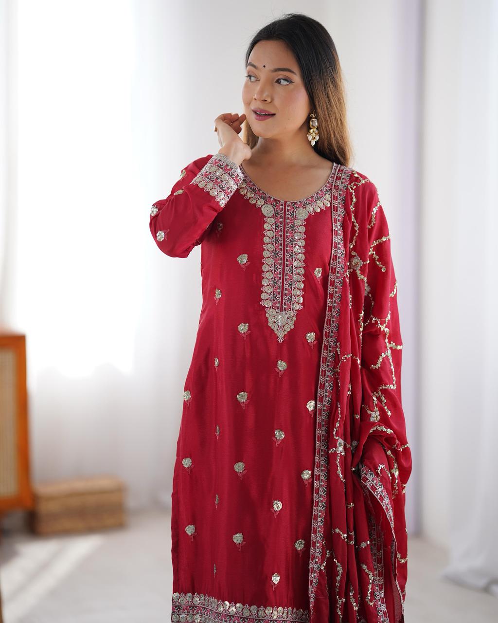SCARLET AND AMBER CHINON SUIT SET WITH EMBROIDERY SEQUENCE - RED