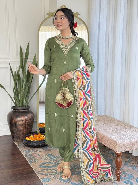 ETHNIC VISCOSE RAYON WITH SEQUENCE CODING EMBROIDERY WORK - GREEN