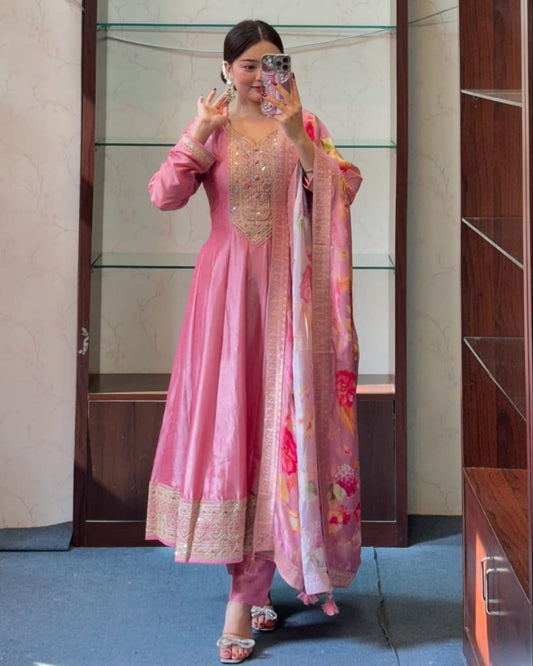 ASH ROSE PINK ANARKALI FLARED KURTI PANT DUPATTA - SET OF 3