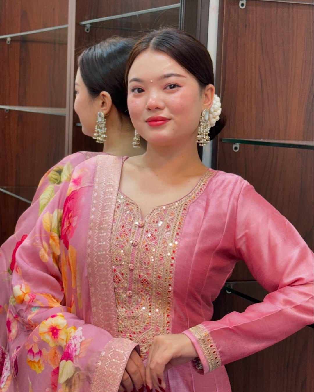 ASH ROSE PINK ANARKALI FLARED KURTI PANT DUPATTA - SET OF 3
