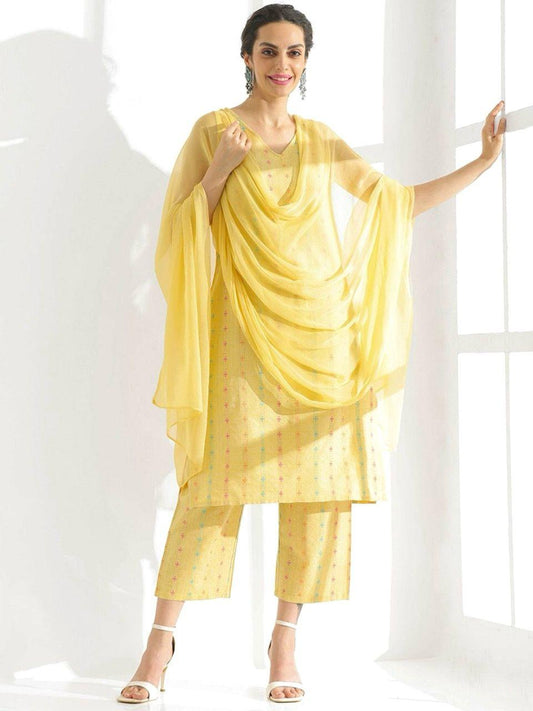 ELEGANT SLEEVELESS COTTON KURTI SET - YELLOW