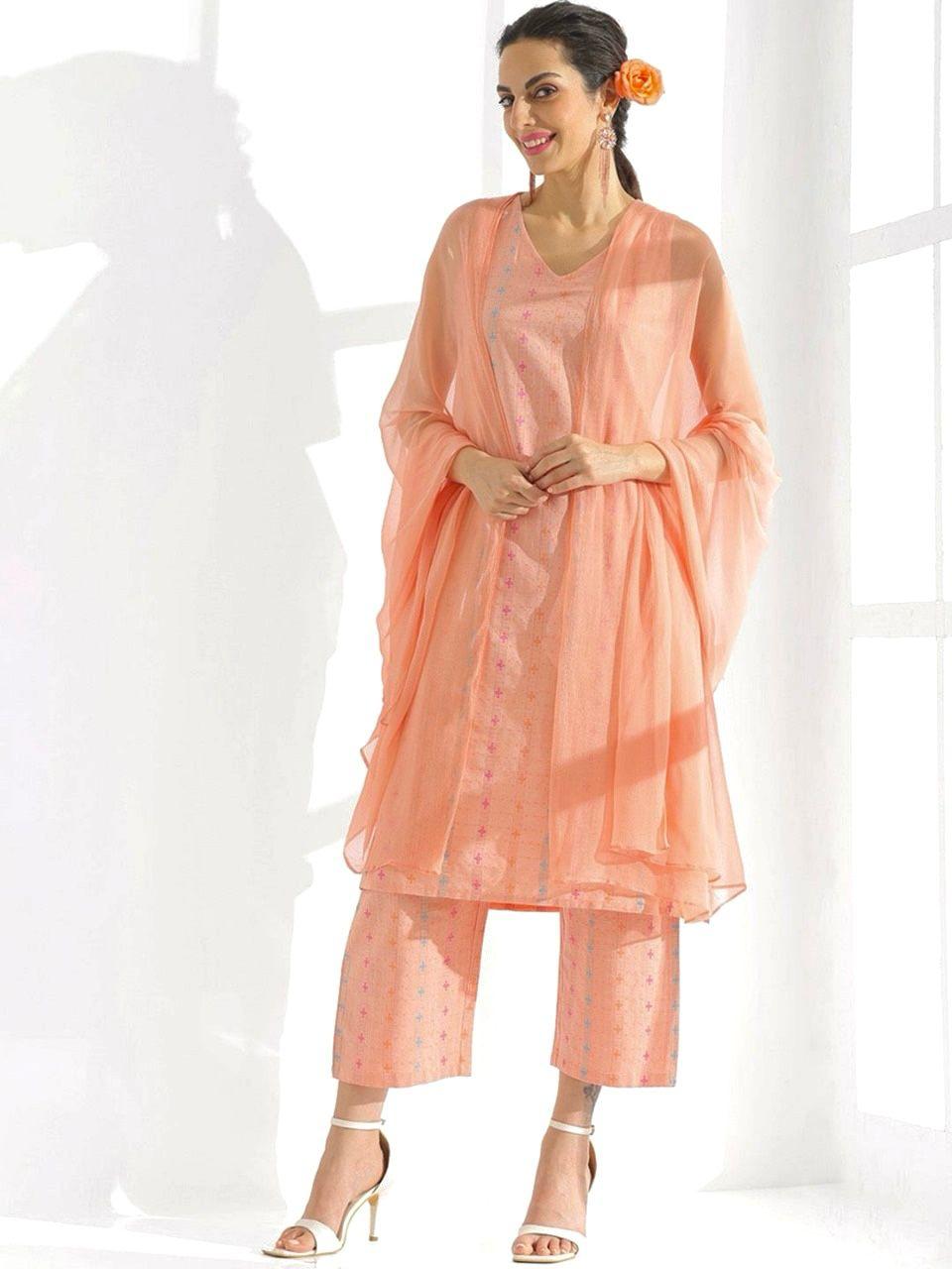 ELEGANT SLEEVELESS COTTON KURTI SET - PEACH