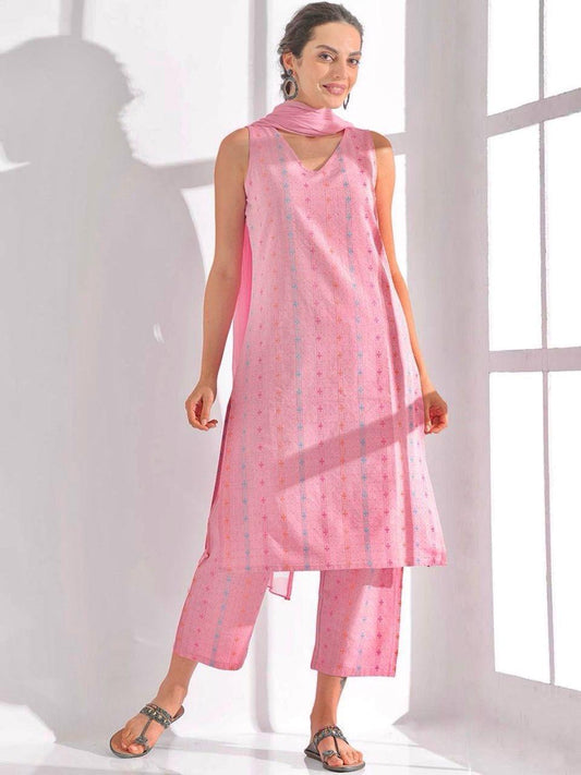 ELEGANT SLEEVELESS COTTON KURTI SET - PINK