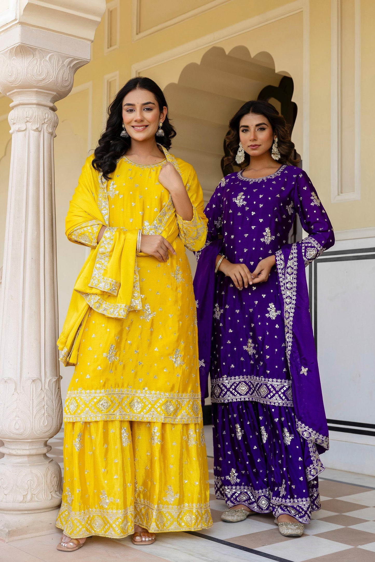 WONDERFULL EMBROIDERY CHINNON SILK SHARARA 3 PCS SET