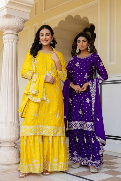 WONDERFULL EMBROIDERY CHINNON SILK SHARARA 3 PCS SET
