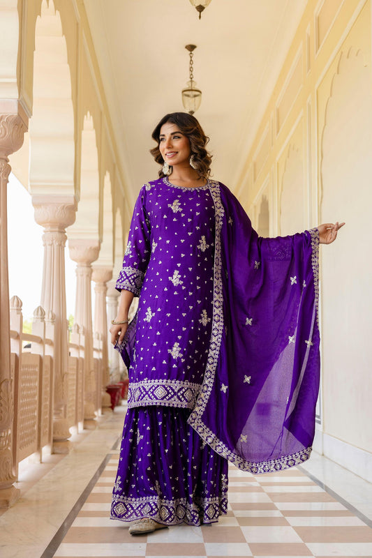 WONDERFULL EMBROIDERY CHINNON SILK SHARARA 3 PCS SET