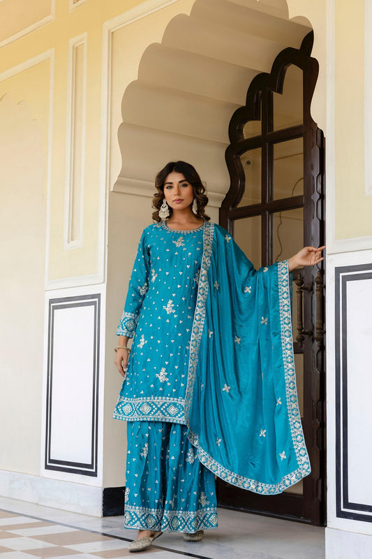 WONDERFULL EMBROIDERY CHINNON SILK SHARARA 3 PCS SET