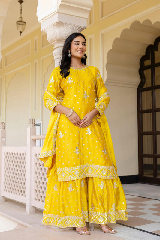 WONDERFULL EMBROIDERY CHINNON SILK SHARARA 3 PCS SET