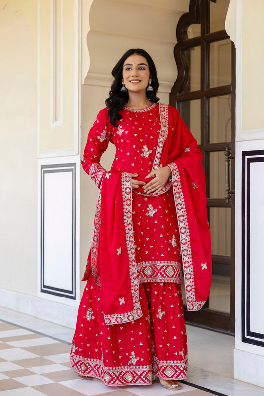 WONDERFULL EMBROIDERY CHINNON SILK SHARARA 3 PCS SET