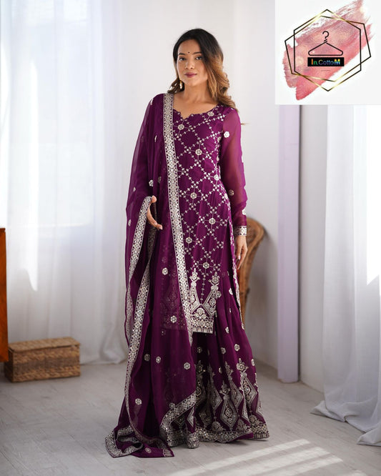 GORGEOUS FAUX GEORGETTE SHARARA SUITS WITH THREAD AND SEQUNCE WORK