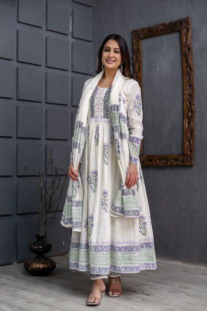 ABAYA STYLE SUIT IN HAND BLOCK PRINTED WITH HAND WORK- PURE COTTON - SET OF 3