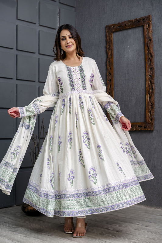 ABAYA STYLE SUIT IN HAND BLOCK PRINTED WITH HAND WORK- PURE COTTON - SET OF 3
