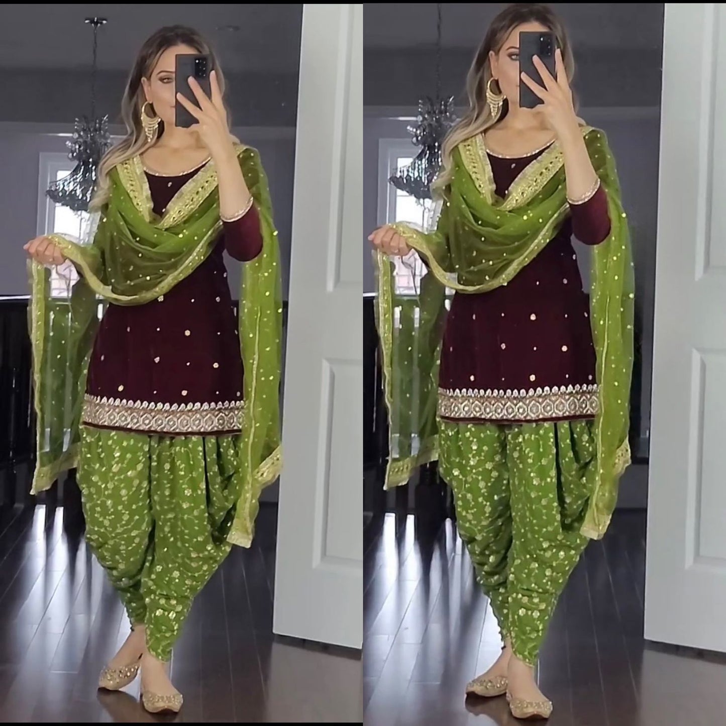 MEHENDI GREEN TOP AND DHOTI SALWAR SUIT - SET OF 3