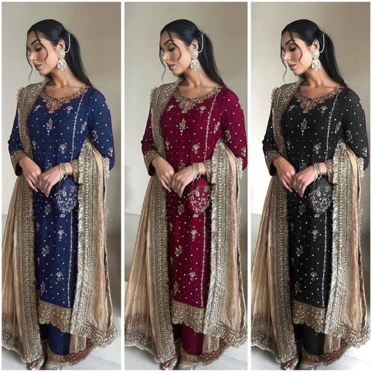 DESIRABLE FAUX GEORGETTE WITH SEQUENCE AND ORIGINAL MOTTI HANDMADE WORK KURTA AND PANT WITH DUPATTA - SET OF 3