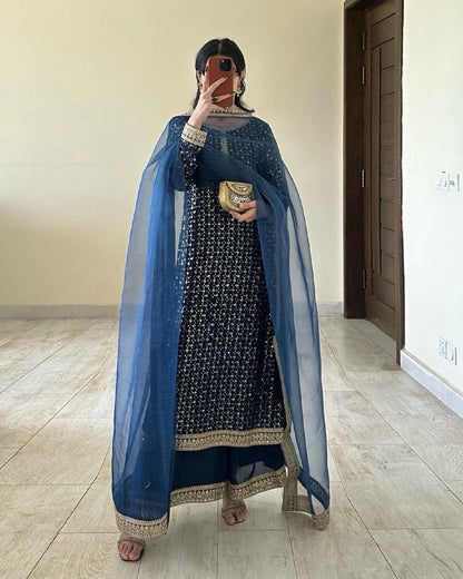 BLUISH FLORISH DRESS IN GEORGETTE - SET OF 3 - BLUE