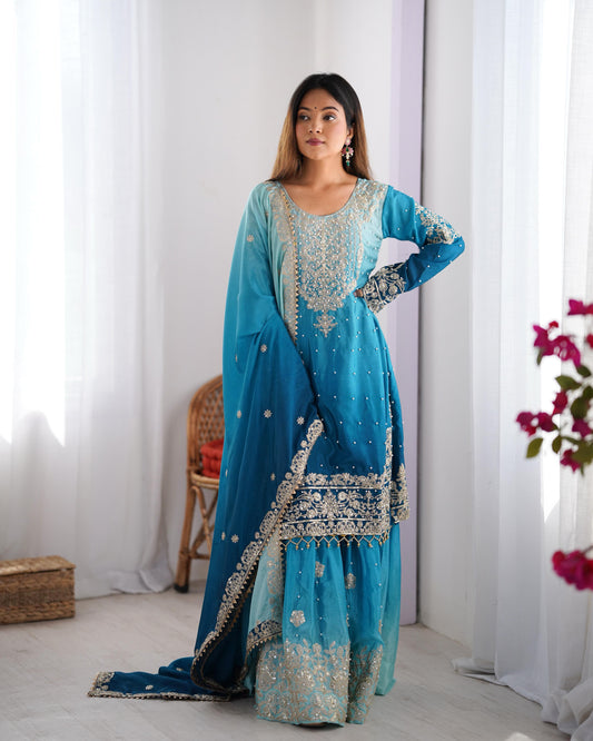 RIVER BLUE ELEGANT SHARARA WITH RIVER MOTI WORK - SET OF 3