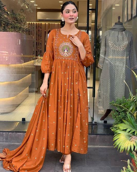 ANARKALI KURTA SET WITH COTTON PANT & MALMAL DUPATTA WITH TIER PATTERN