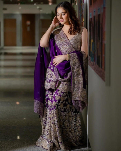 PURPLE SHARARA KURTA SET THREAD WITH SEQUENCE WORK SET OF 3