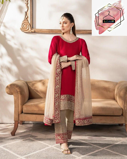 RED SATIN SILK KURTA SET- (SET OF 3)