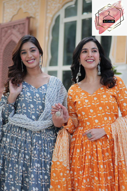PURE COTTON 3 PIECE GOWN KURTI PANT WITH DUPATTA