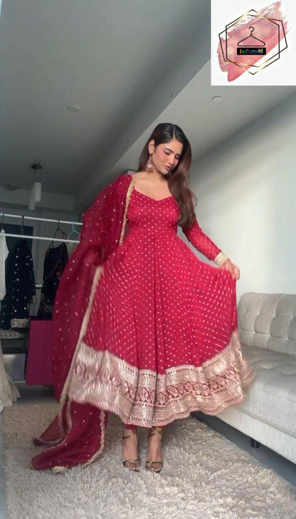 RED GEORGETTE  ANARKALI SET WITH SEQUENCE WORK (SET OF 3)
