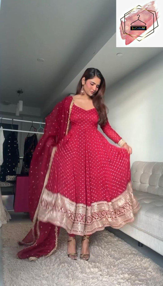 RED GEORGETTE  ANARKALI SET WITH SEQUENCE WORK (SET OF 3)
