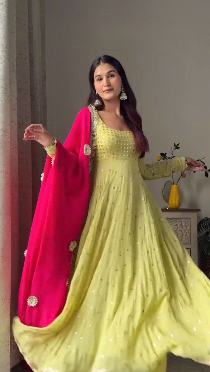 Bright Yellow GEORGETTE ANARKALI SUIT SET