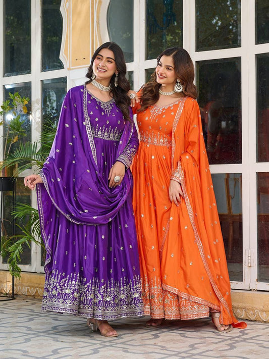 MAHARANI ANARKALI GOWN WITH HEAVY EMBROIDERY WORK - SET OF 3