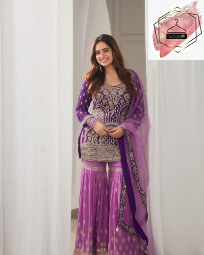 ROYAL PURPLE EMBROIDERY SHARARA SUIT SET IN FAUX GEORGETTE SEQUENCE WORK