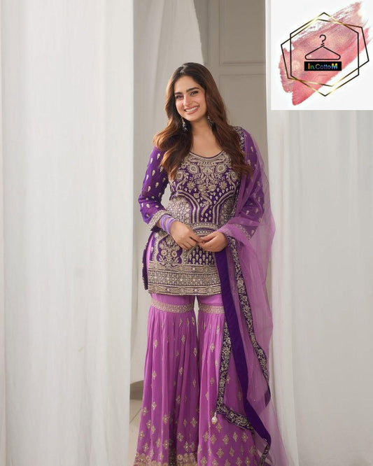 ROYAL PURPLE EMBROIDERY SHARARA SUIT SET IN FAUX GEORGETTE SEQUENCE WORK