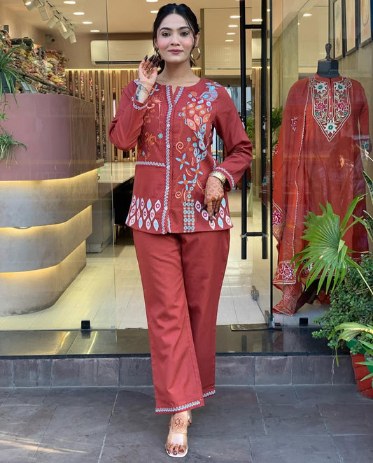RUST PREMIUM COTTON CO-ORD SET WITH  EMBROIDERY WORK