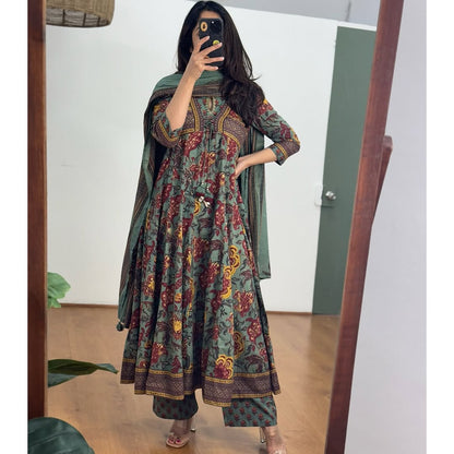 FLORAL PRINTED PURE COTTON ANARKALI SUIT PAIRED WITH PANT AND DUPATTA